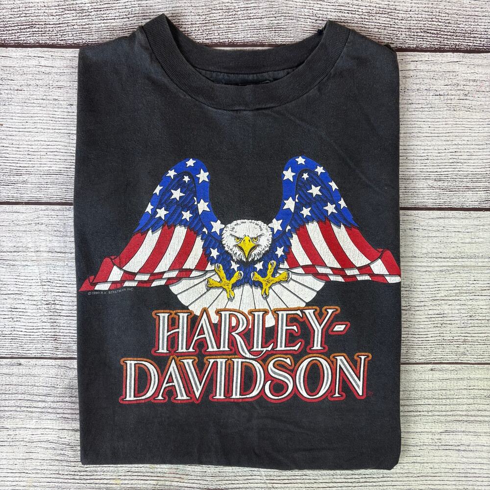 Vintage 1990 Harley Davidson Motorcycles American Flag Eagle T-shirt